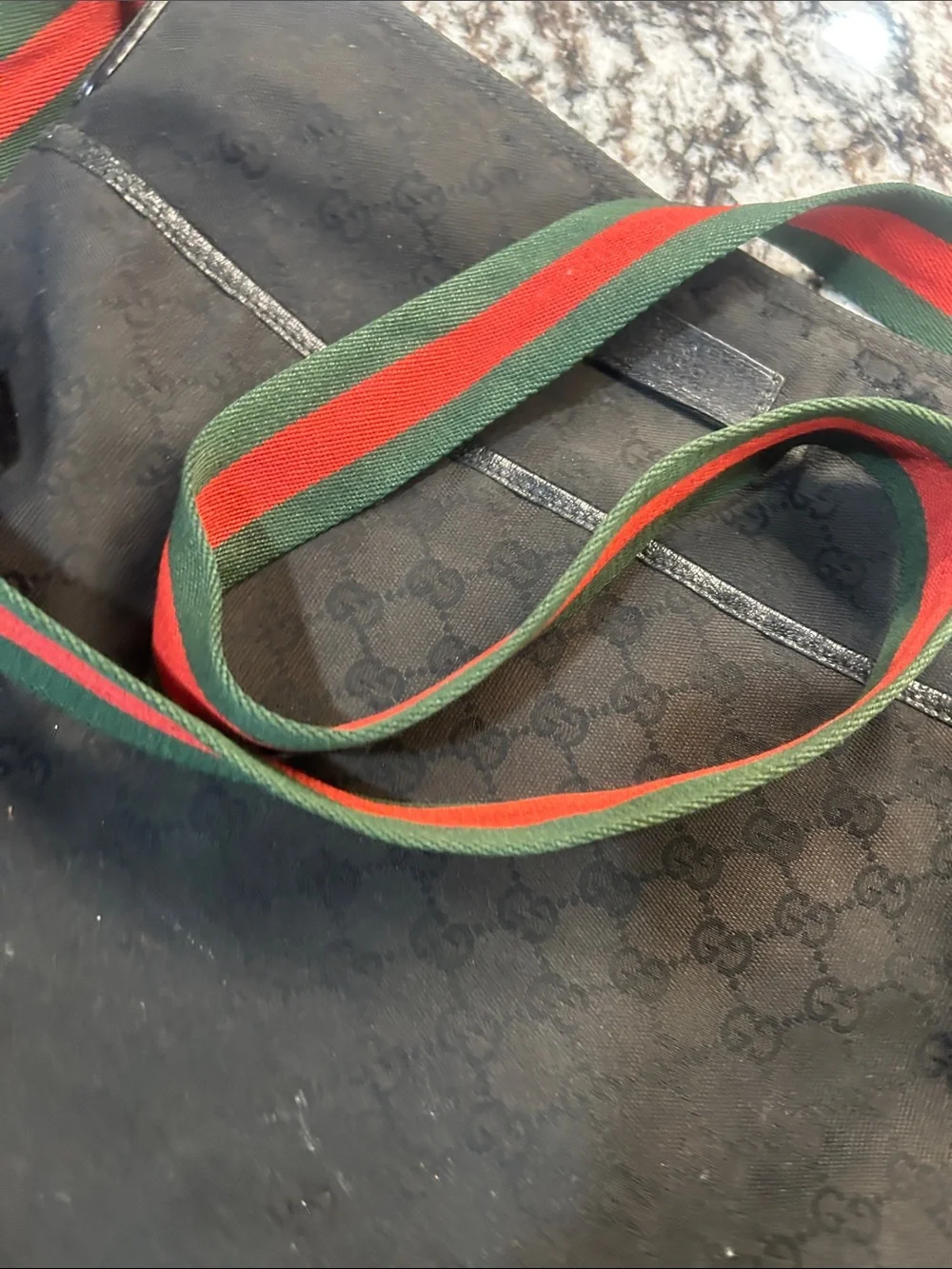 Gucci Black Monogram GG Messanger Bag with Red-Green Web Strap